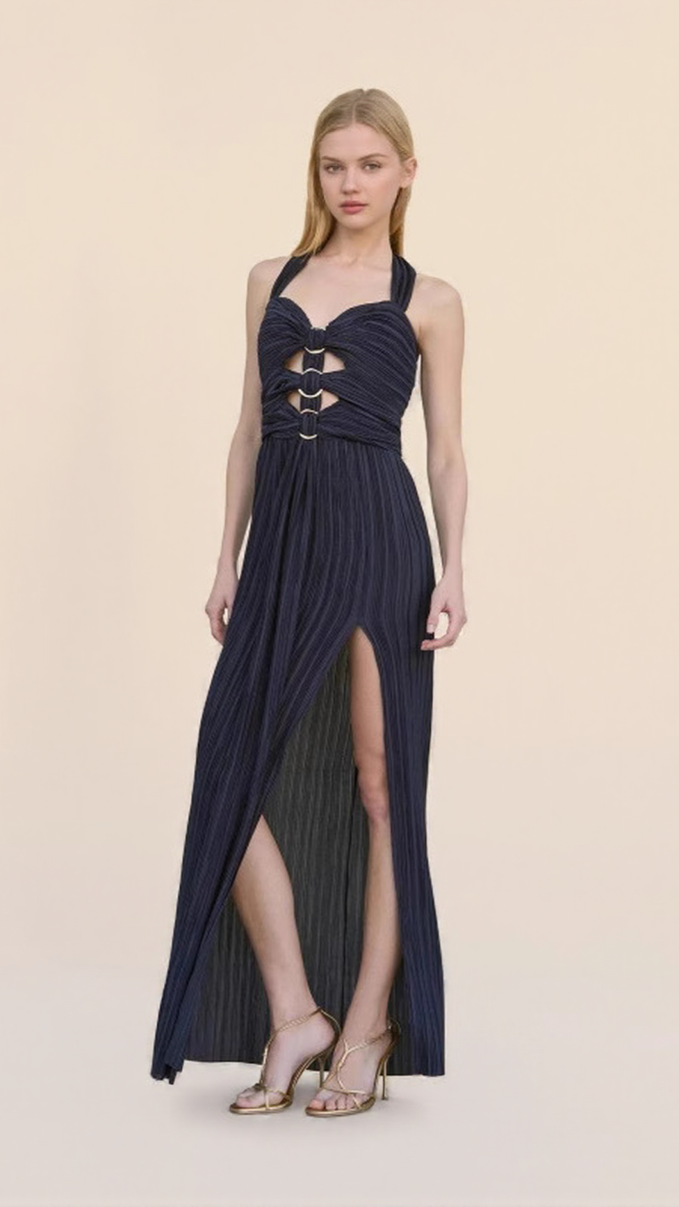 ELEGANT NAVY HALTER PLEATED MAXI DRESS CUTOUT WAIST GOWN
