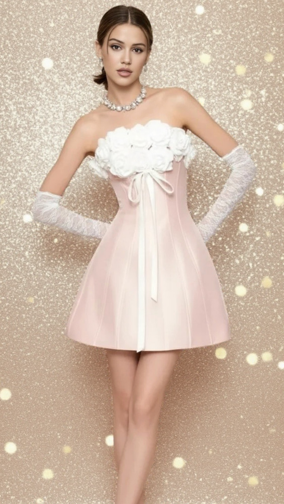 GLADYS STRAPLESS 3D FLORAL CORSET A-LINE DRESS IN PINK