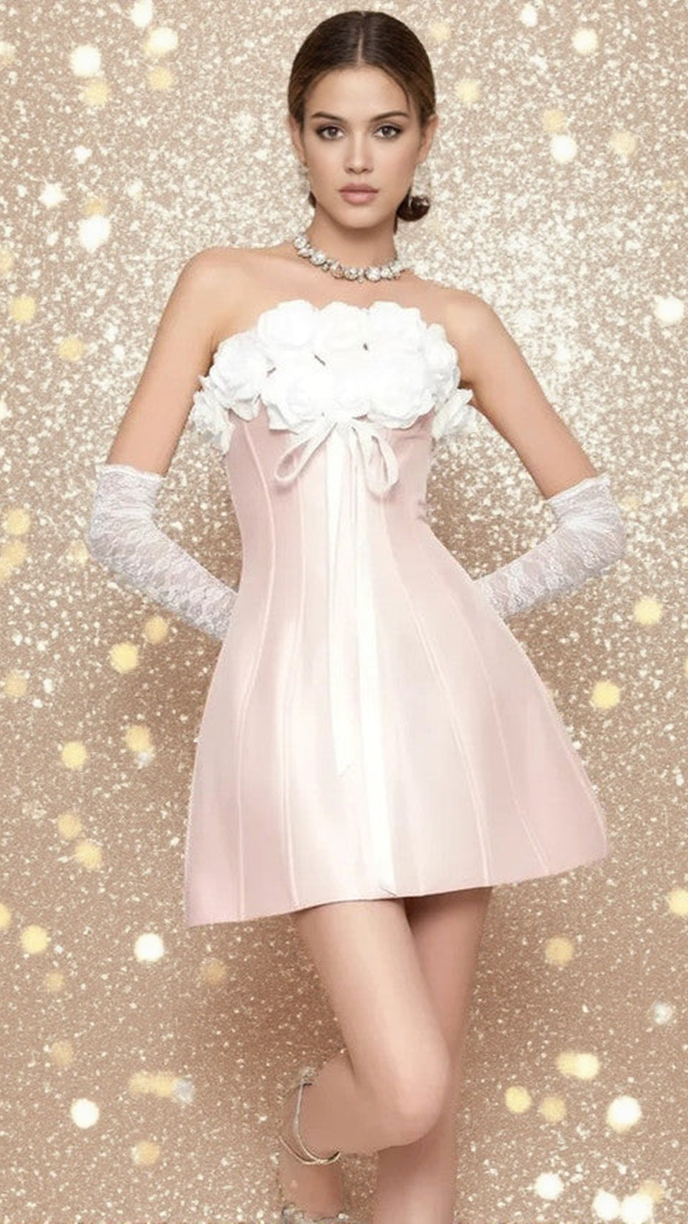 GLADYS STRAPLESS 3D FLORAL CORSET A-LINE DRESS IN PINK