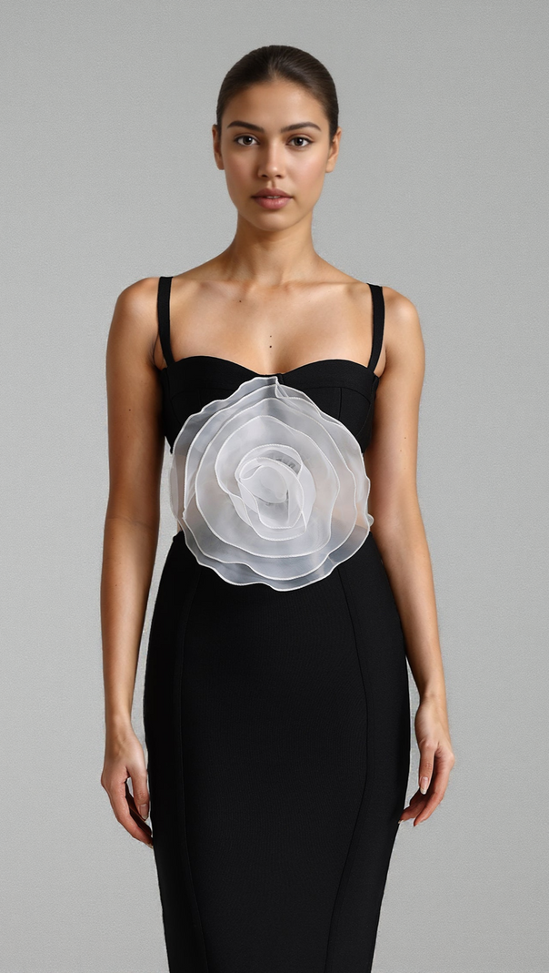 JACEY MESH FLOWER BANDAGE MIDI DRESS