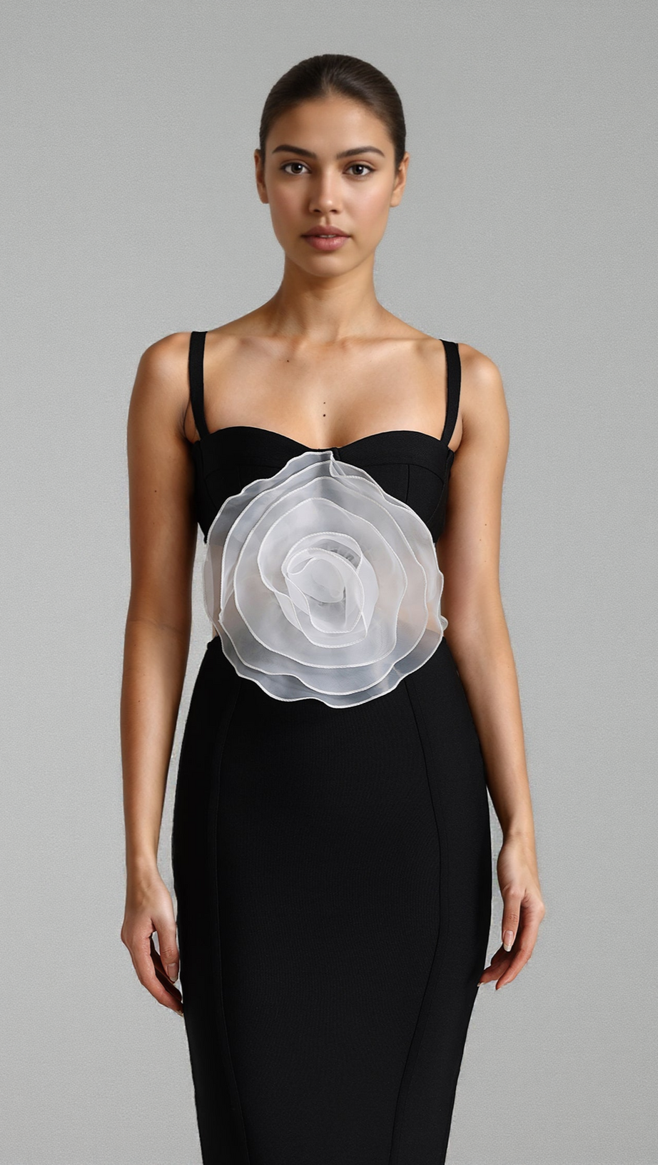 JACEY MESH FLOWER BANDAGE MIDI DRESS