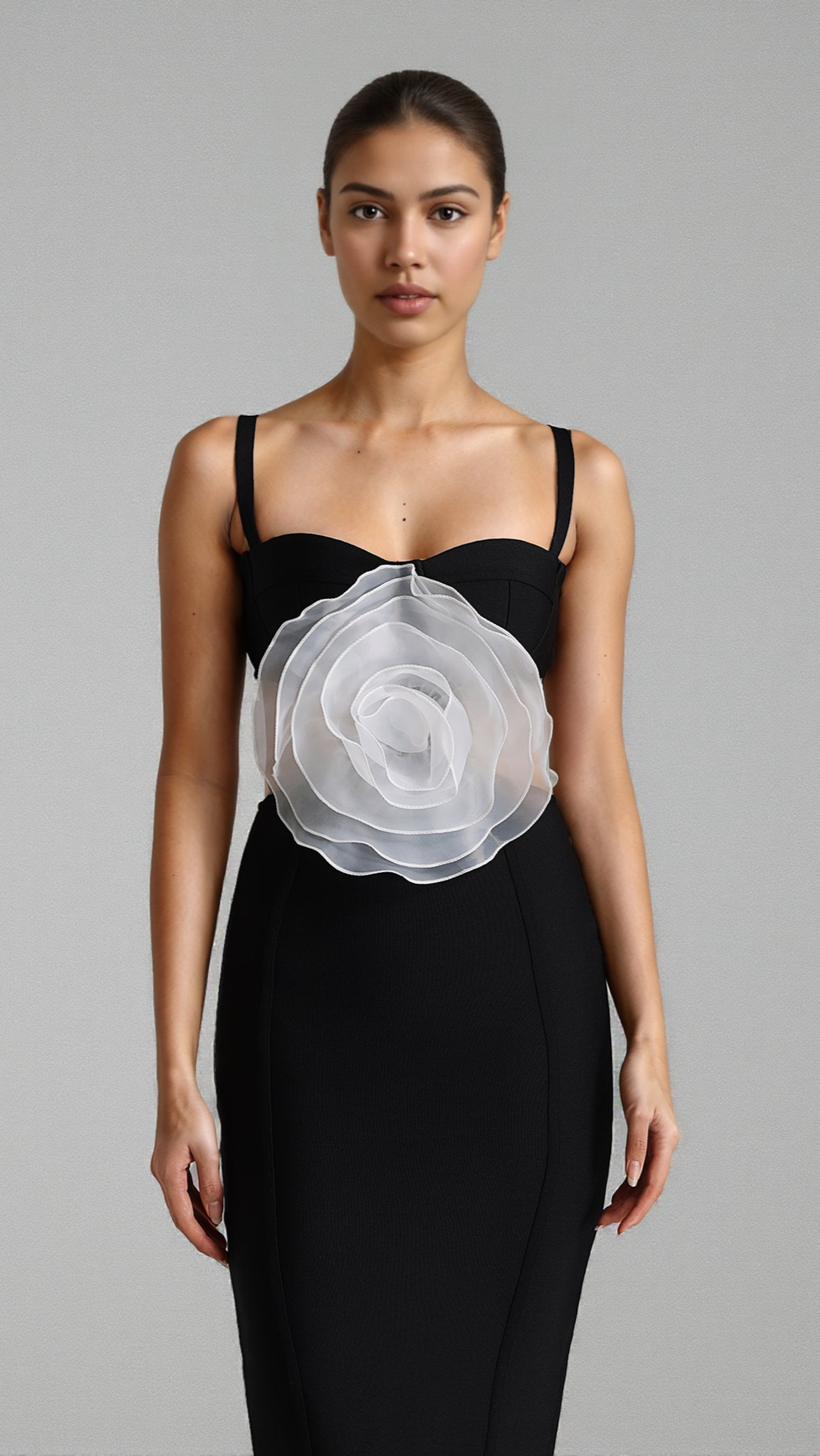 JACEY MESH FLOWER BANDAGE MIDI DRESS