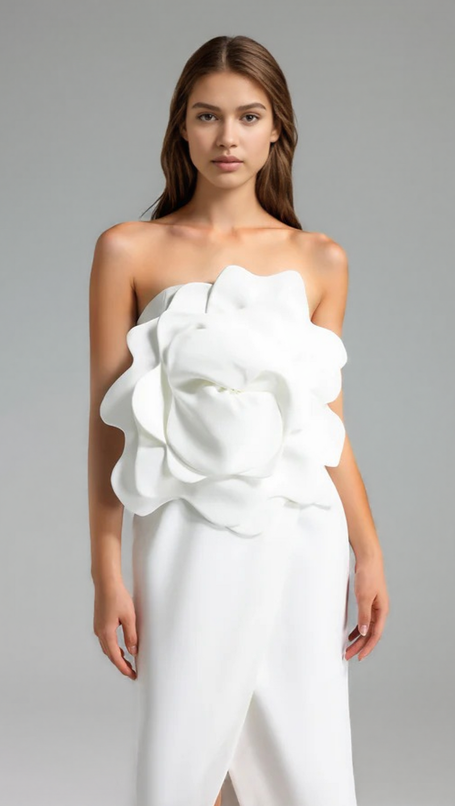 VALERY 3D FLOWER SLIT MIDI DRESS - WHITE