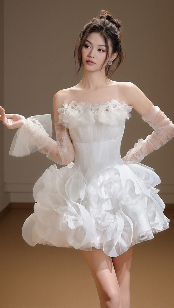 AIIZIE NOAH FIT AND FLARE FLOWER APPLIQUE ORGANZA MINI DRESS IN WHITE - product image