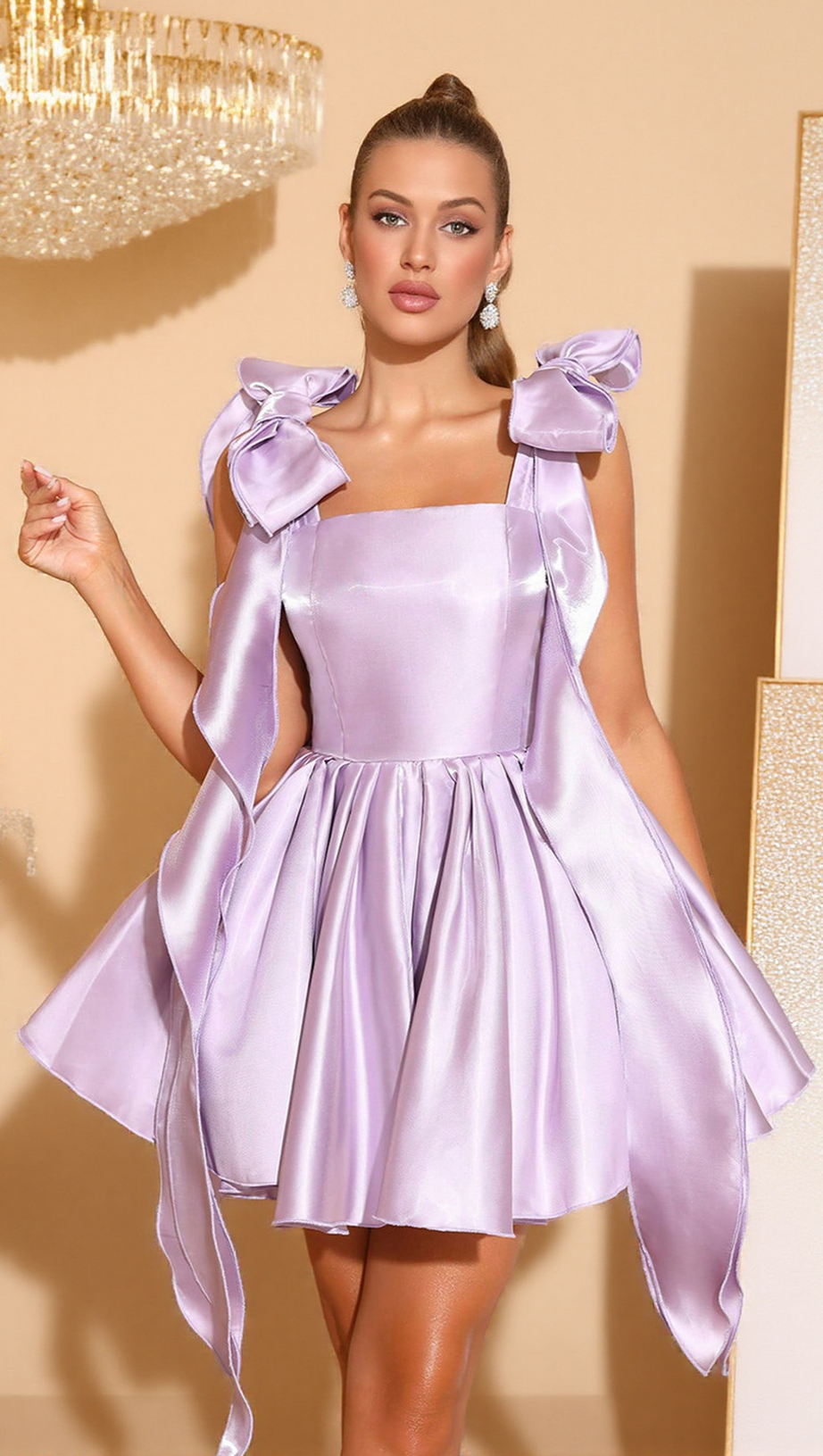 LAVENDER SATIN MINI DRESS WITH BOW SHOULDER STRAPS