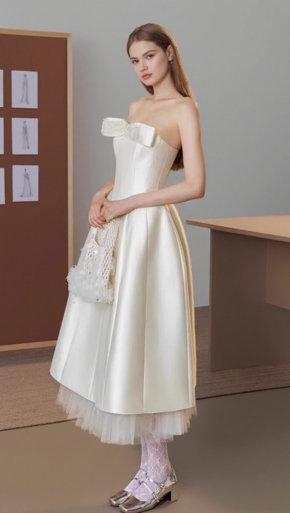 WHITE SATIN STRAPLESS BOW MIDI DRESS