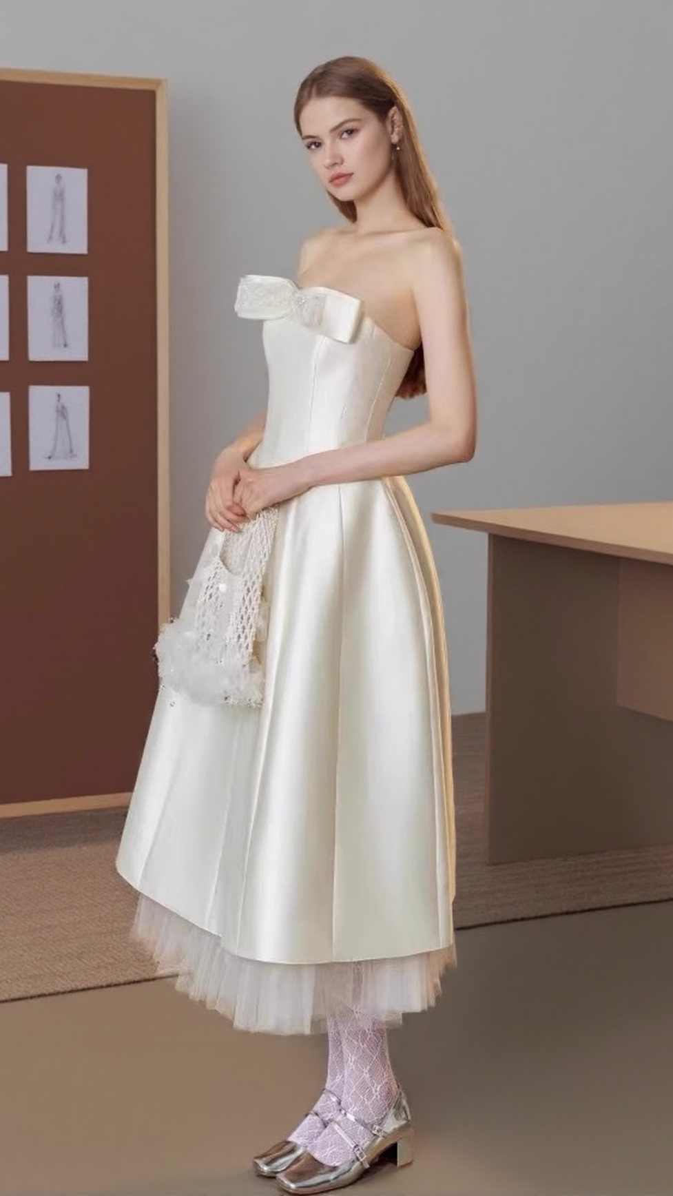 AIIZIE WHITE SATIN STRAPLESS BOW MIDI DRESS - product image