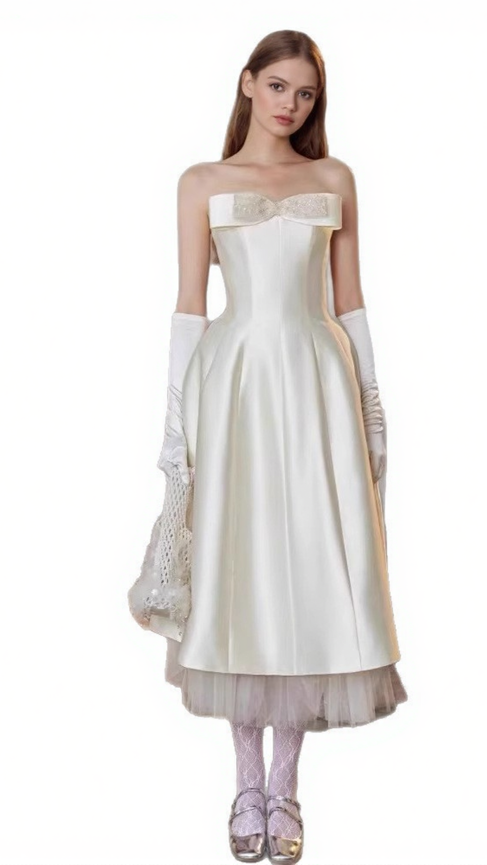 WHITE SATIN STRAPLESS BOW MIDI DRESS