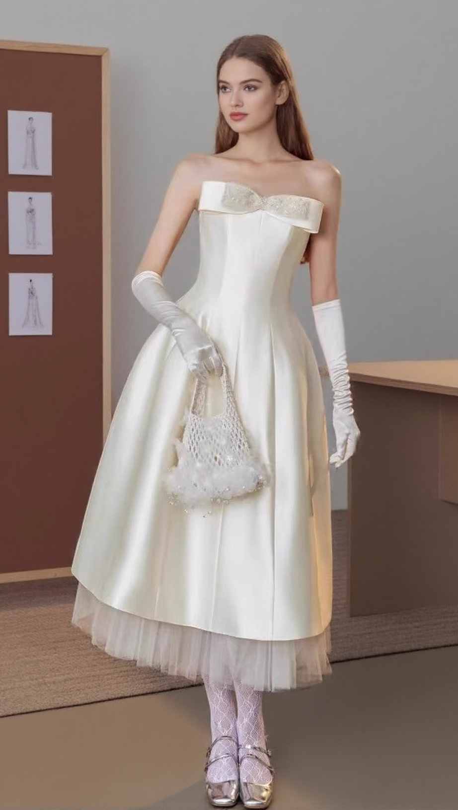 WHITE SATIN STRAPLESS BOW MIDI DRESS