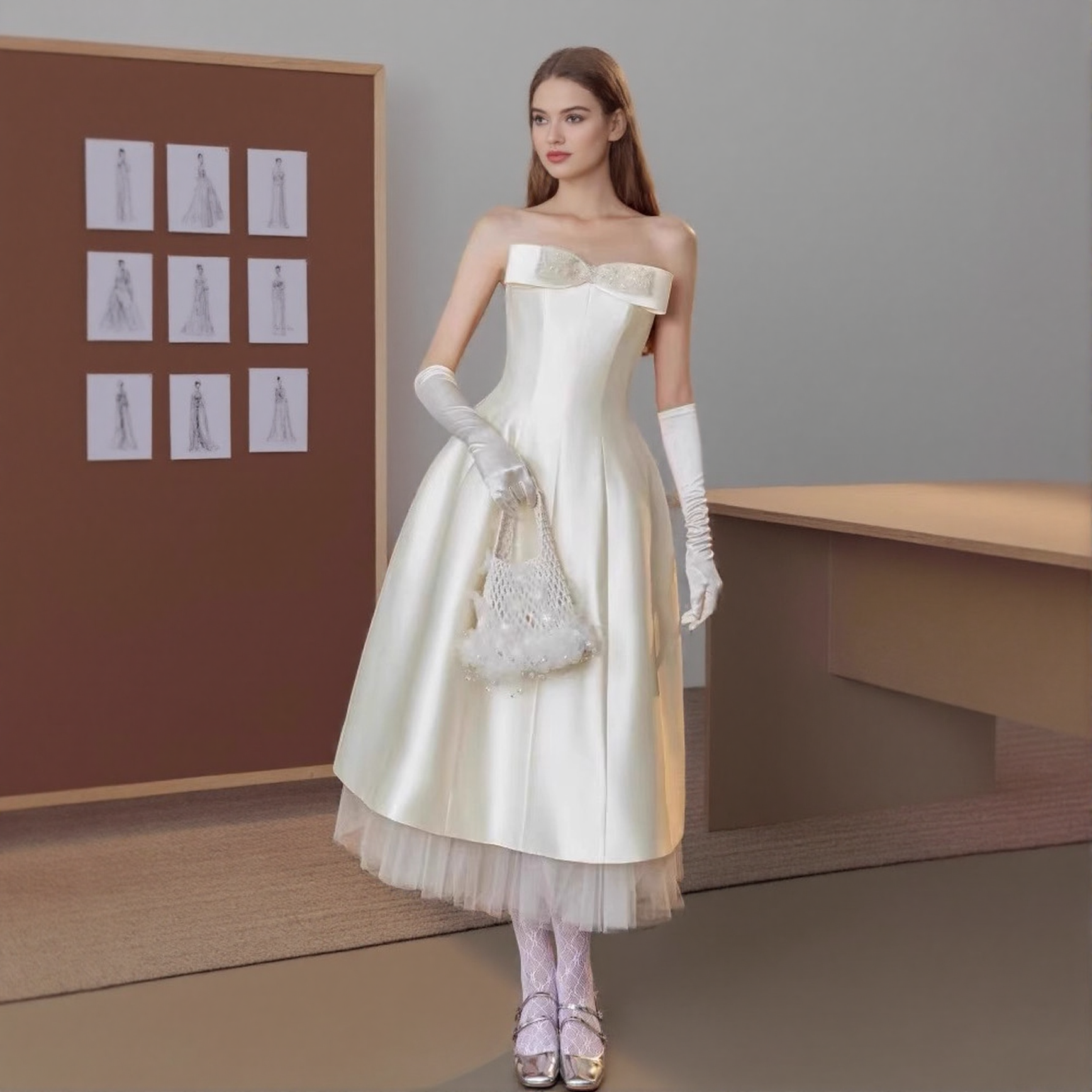 WHITE SATIN STRAPLESS BOW MIDI DRESS