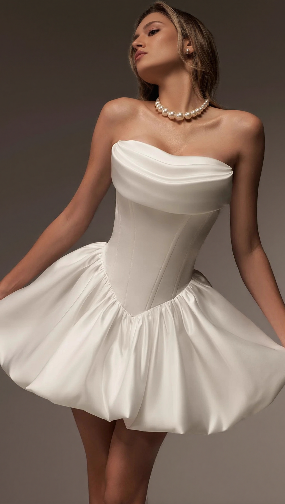 WHITE CORSET BONED SATIN MINI DRESS