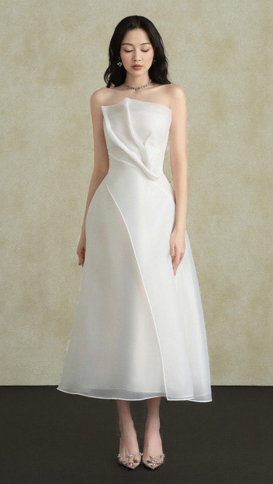 STRAPLESS LAYERED ORGANZA MIDI DRESS IN WHITE