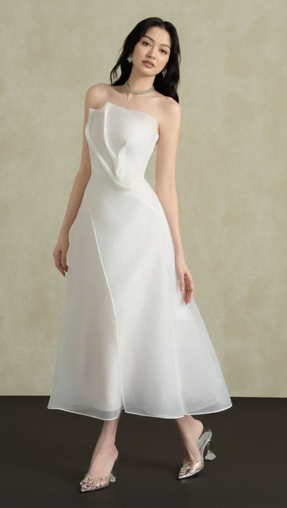 STRAPLESS LAYERED ORGANZA MIDI DRESS IN WHITE