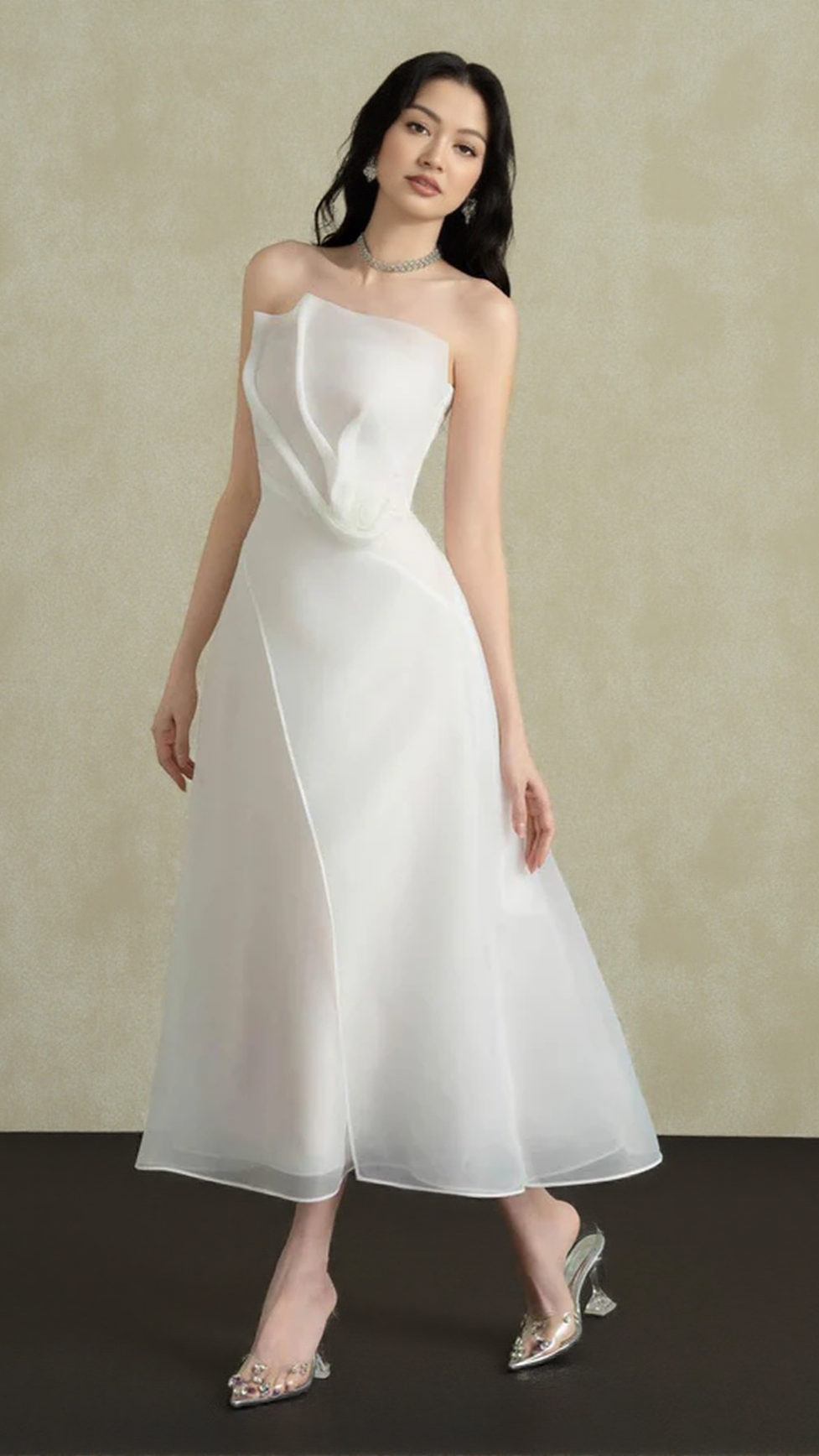 ABITO MIDI IN ORGANZA A STRATI SENZA SPALLINE, BIANCO