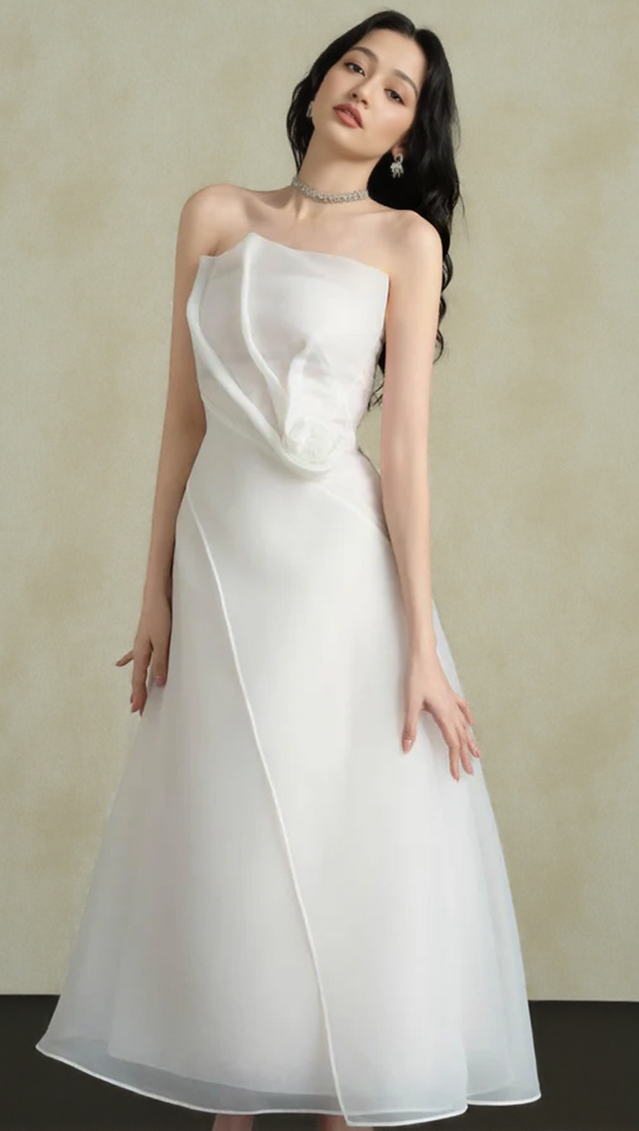 STRAPLESS LAYERED ORGANZA MIDI DRESS IN WHITE
