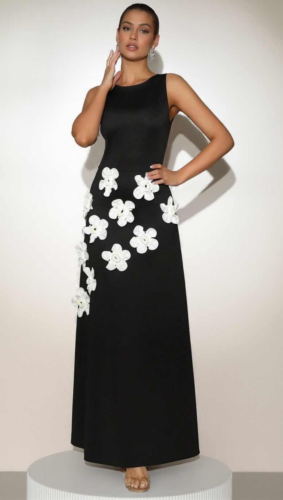 MARCIA 3D FLOWER A-LINE MAXI DRESS IN BLACK