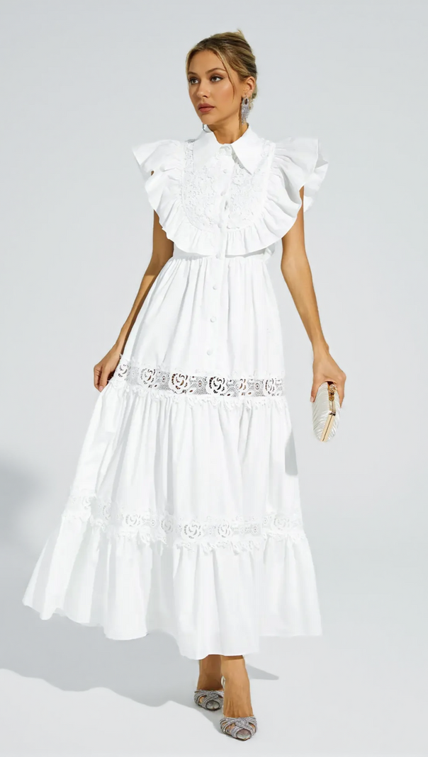 AIIZIE WHITE SLEEVELESS RUFFLE TRIM MIDI DRESS - product image