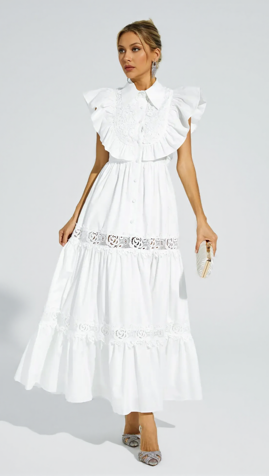 WHITE SLEEVELESS RUFFLE TRIM MIDI DRESS
