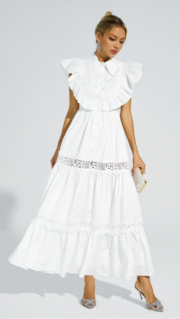AIIZIE WHITE SLEEVELESS RUFFLE TRIM MIDI DRESS - product image