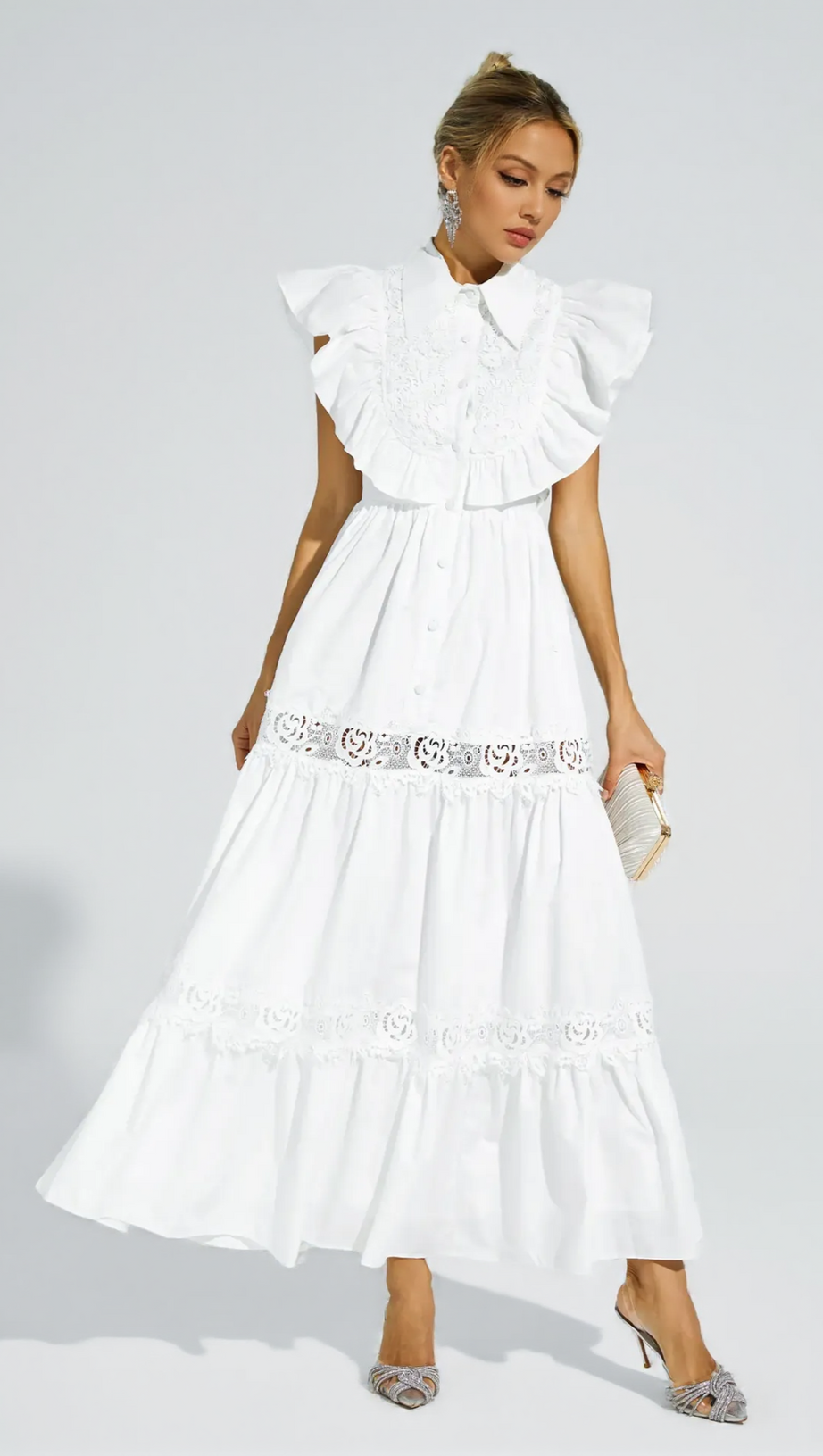 WHITE SLEEVELESS RUFFLE TRIM MIDI DRESS