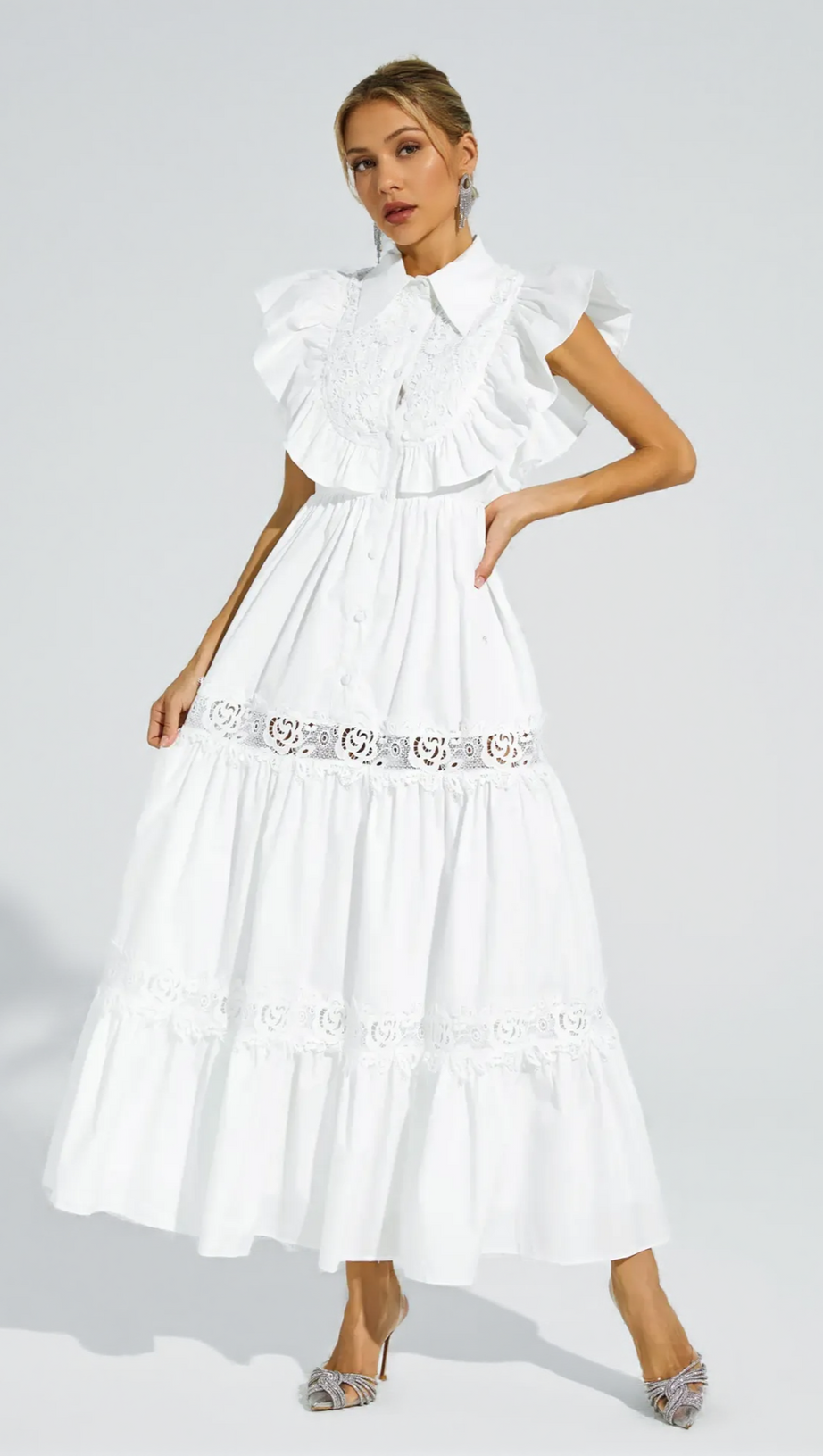WHITE SLEEVELESS RUFFLE TRIM MIDI DRESS