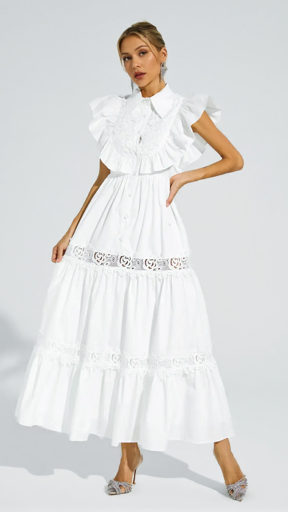 WHITE SLEEVELESS RUFFLE TRIM MIDI DRESS