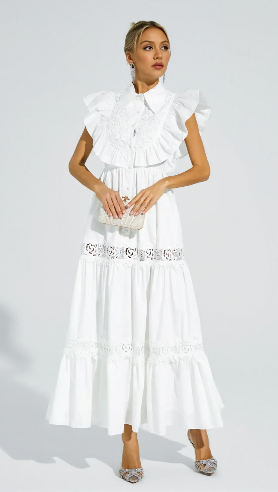 WHITE SLEEVELESS RUFFLE TRIM MIDI DRESS