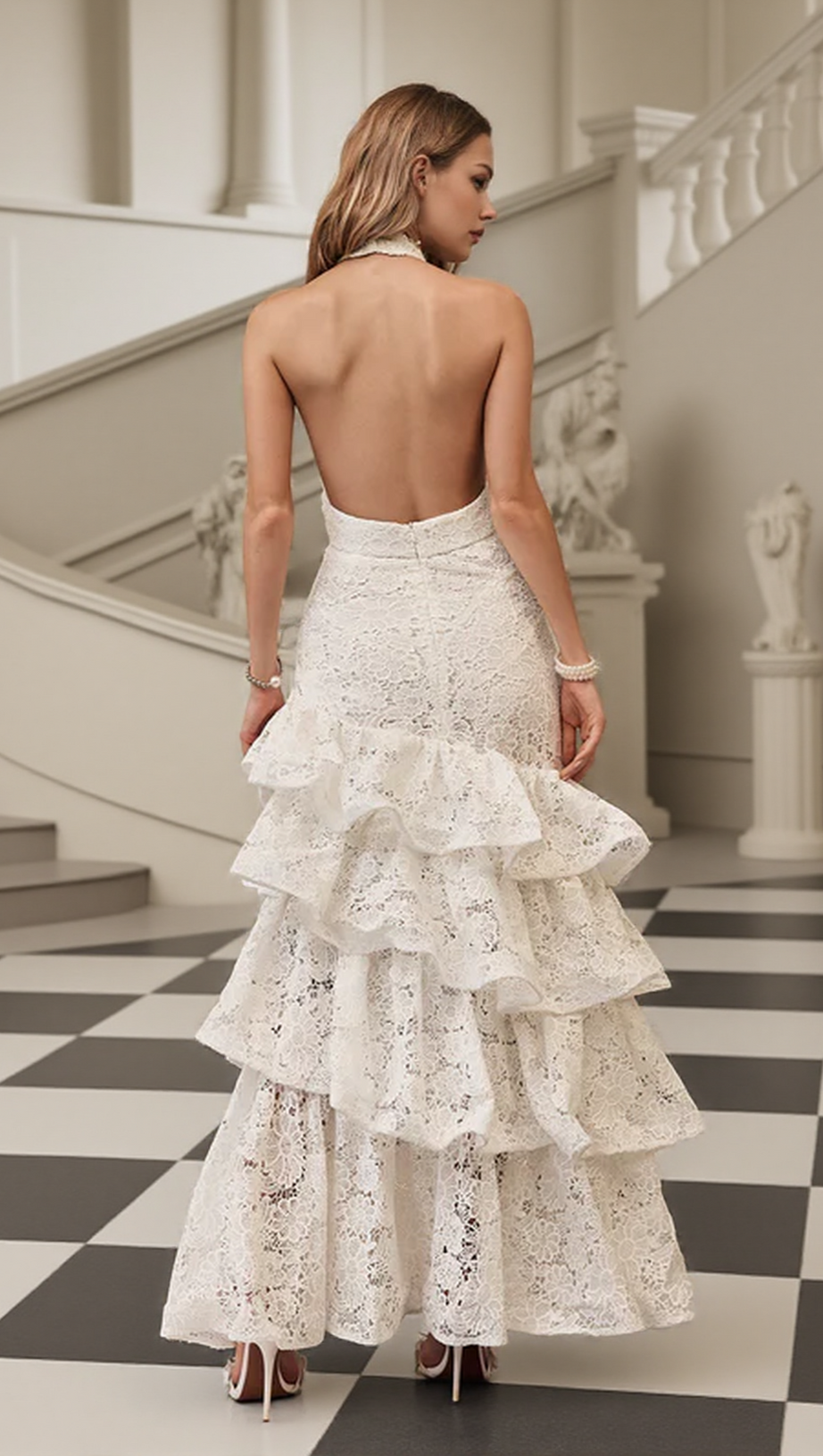 HAZEL WHITE DEEP V-NECK HALTERNECK LAYER RUFFLE TRIM MAXI DRESS