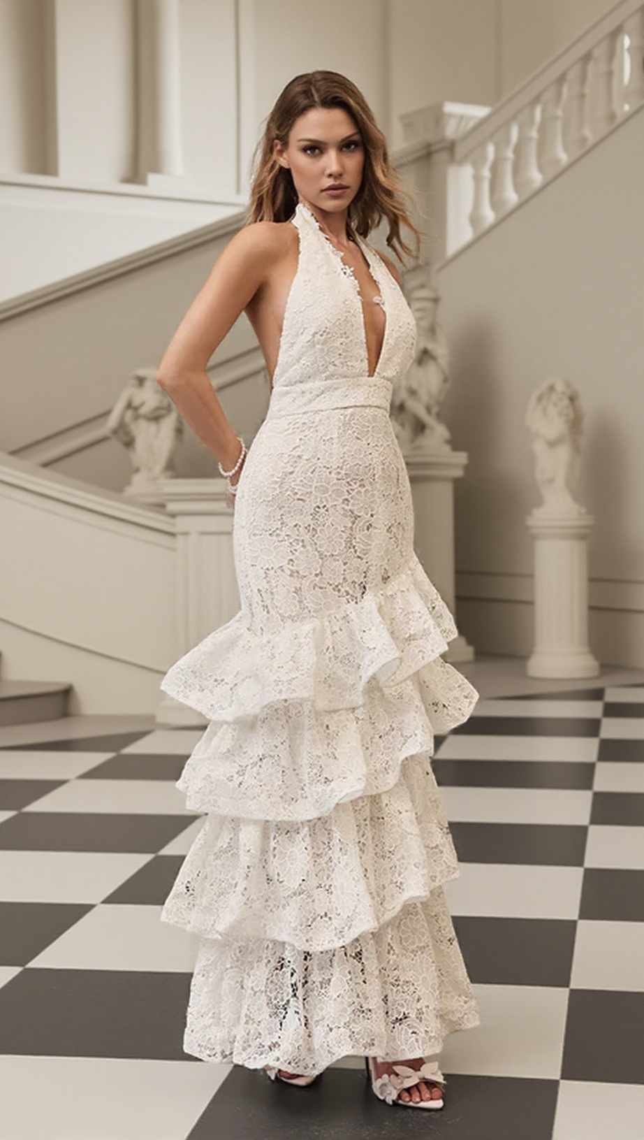 HAZEL WHITE DEEP V-NECK HALTERNECK LAYER RUFFLE TRIM MAXI DRESS