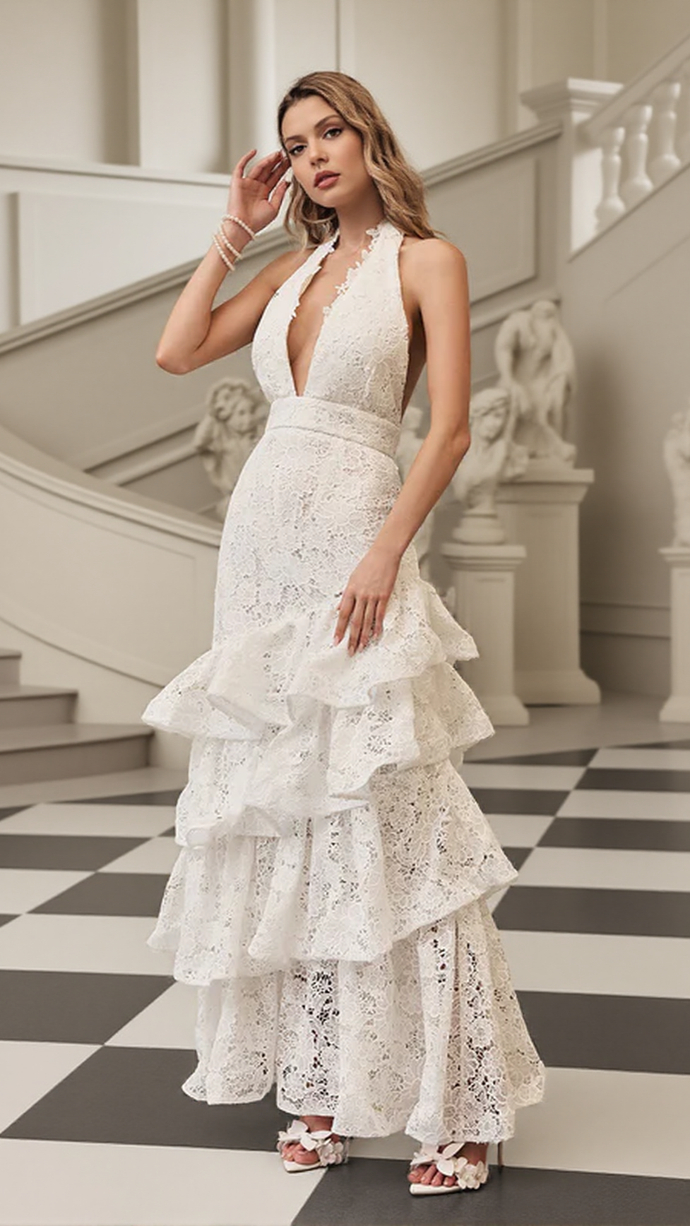 HAZEL WHITE DEEP V-NECK HALTERNECK LAYER RUFFLE TRIM MAXI DRESS