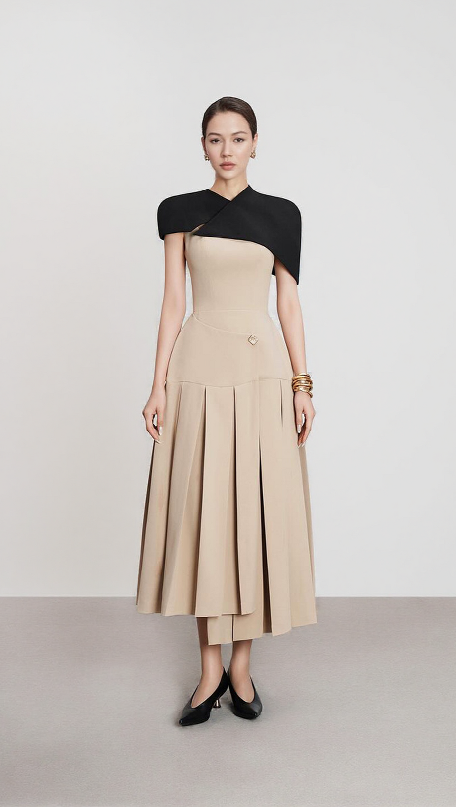 GUSTAVE KHAKI CAPE SLEEVELESS IRREGULAR MIDI DRESS