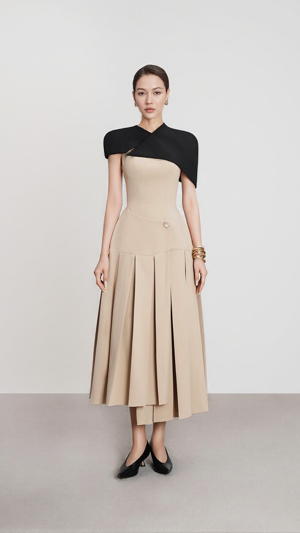GUSTAVE KHAKI CAPE SLEEVELESS IRREGULAR MIDI DRESS
