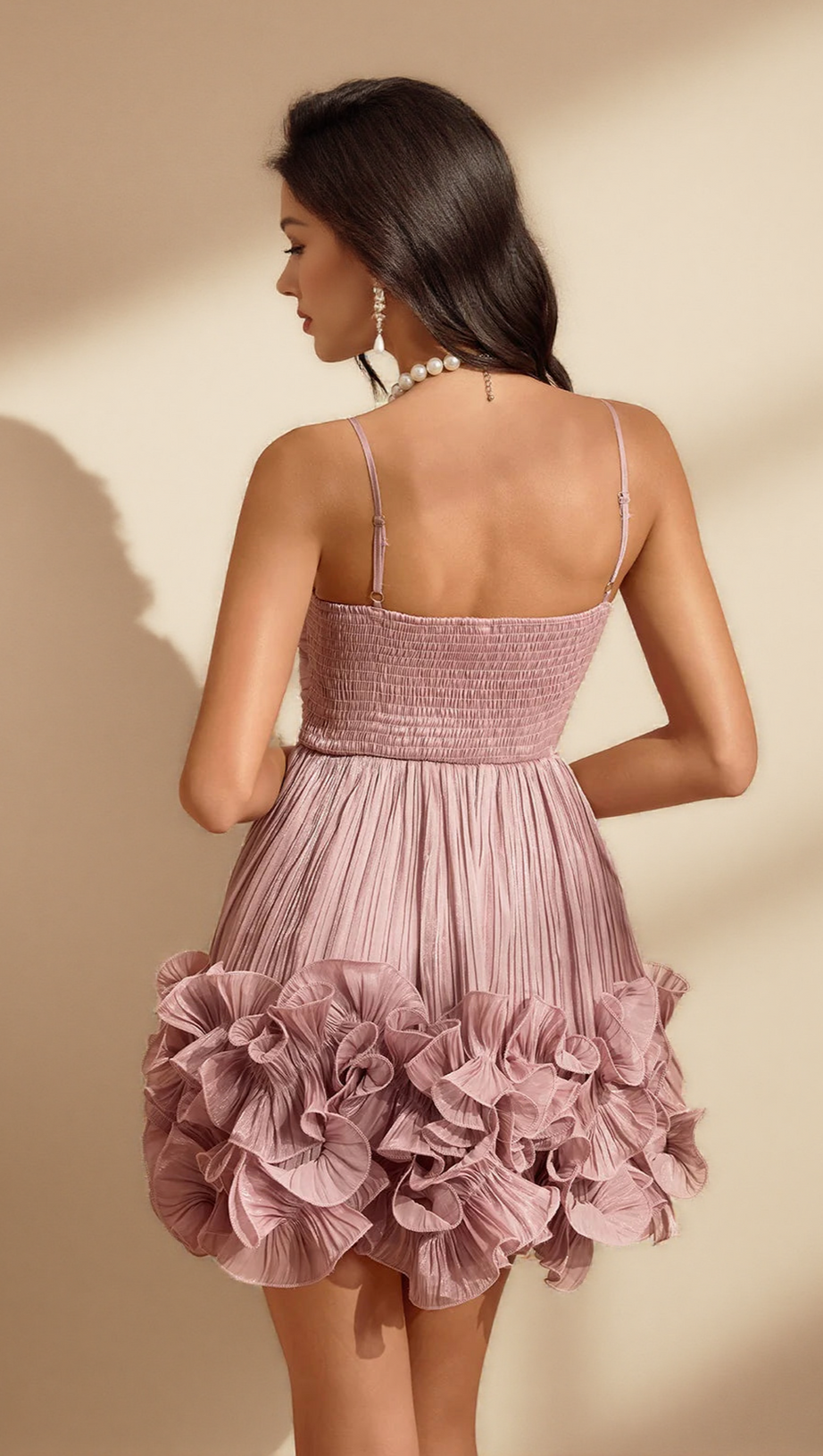 NAIYA SPAGHETTI FLOWER RUFFLE MINI DRESS IN PINK