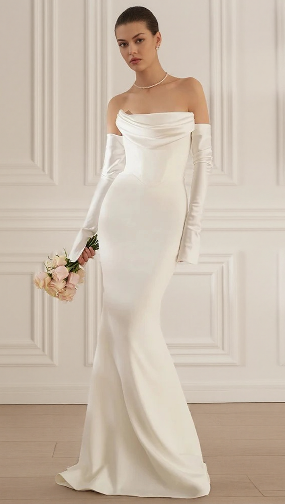LONG SLEEVE STRAPLESS DRAPED MAXI DRESS WHITE