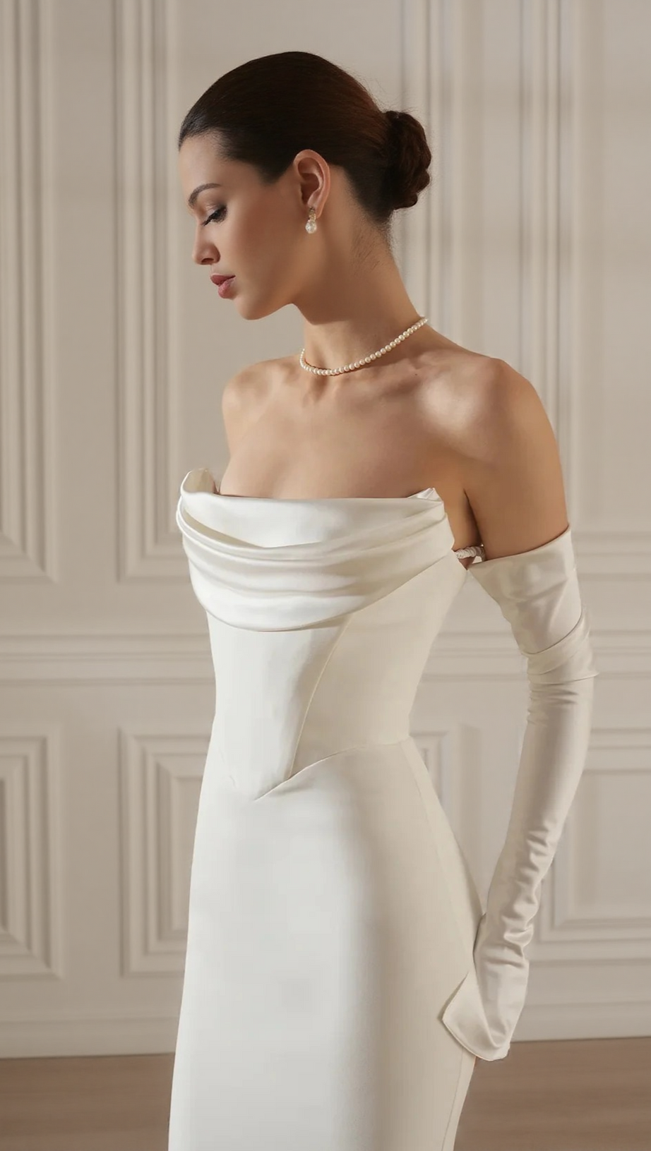 LONG SLEEVE STRAPLESS DRAPED MAXI DRESS WHITE