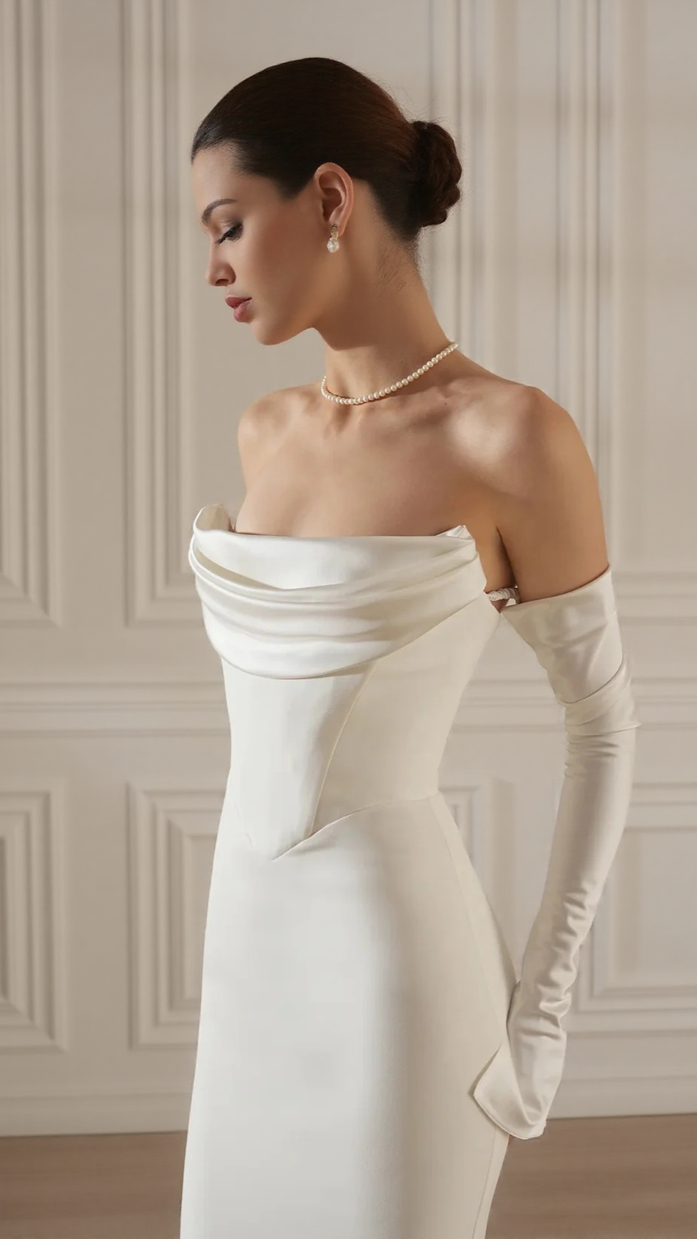 AIIZIE LONG SLEEVE STRAPLESS DRAPED MAXI DRESS WHITE - product image