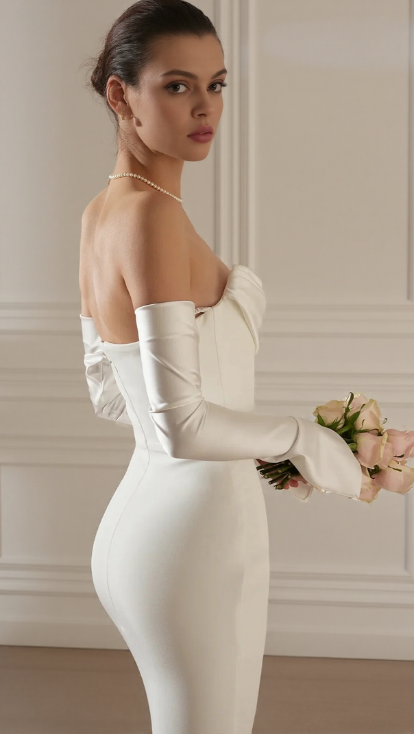 AIIZIE LONG SLEEVE STRAPLESS DRAPED MAXI DRESS WHITE - product image