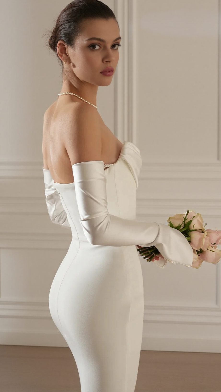 LONG SLEEVE STRAPLESS DRAPED MAXI DRESS WHITE