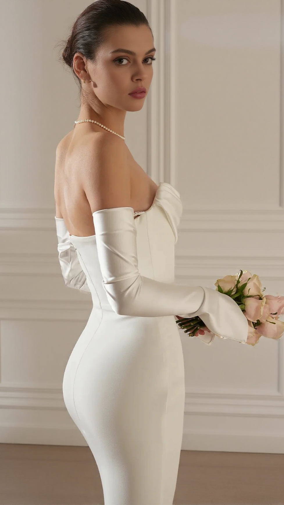 AIIZIE LONG SLEEVE STRAPLESS DRAPED MAXI DRESS WHITE - product image