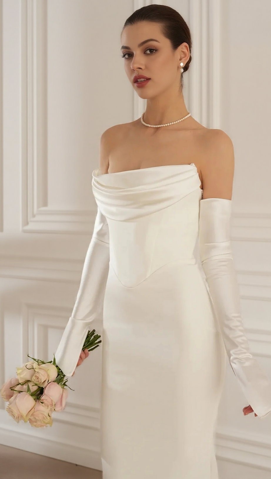 LONG SLEEVE STRAPLESS DRAPED MAXI DRESS WHITE