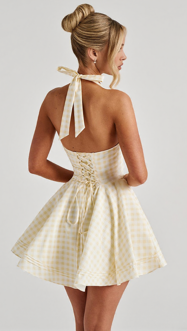 AIIZIE DORIS MINI DRESS - LEMON GINGHAM - product image