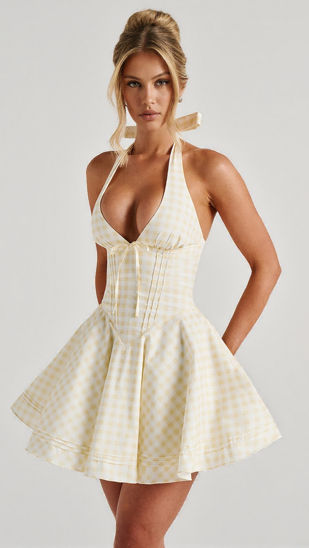 AIIZIE DORIS MINI DRESS - LEMON GINGHAM - product image