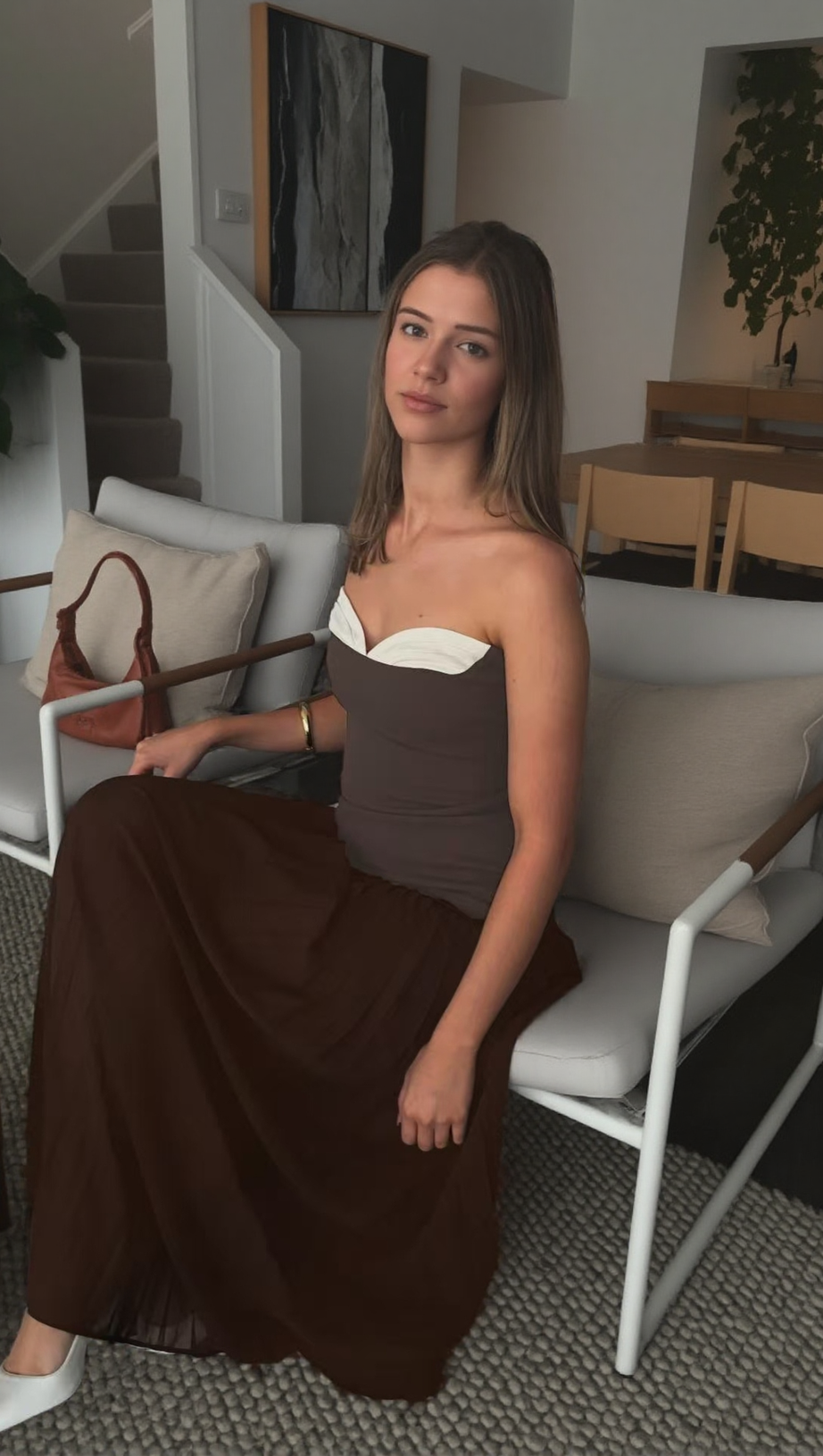 ELEGANT SWEETHEART COLOR-BLOCK BUSTIER TOP & PLEATED MAXI DRESS