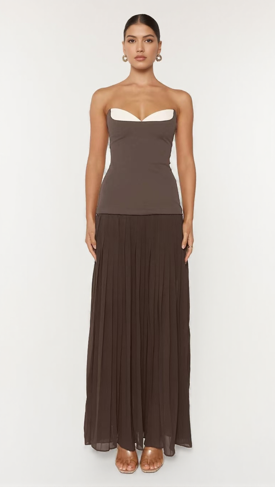 ELEGANT SWEETHEART COLOR-BLOCK BUSTIER TOP & PLEATED MAXI DRESS
