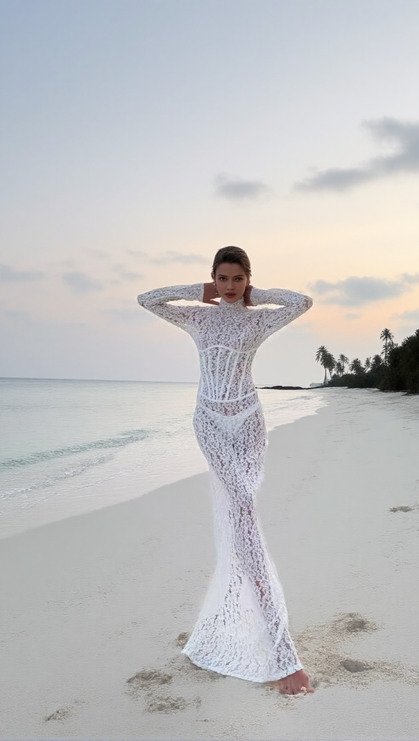 AIIZIE SEDUCTIVE WHITE LACE MOCK NECK MAXI DRESS - product image