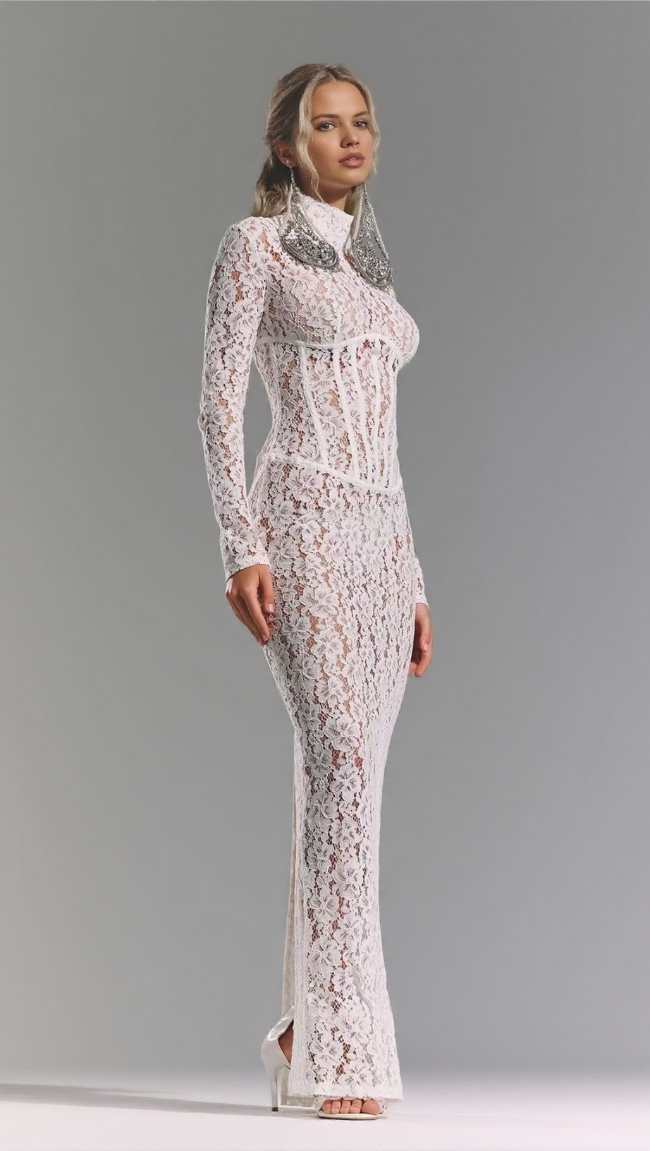 SEDUCTIVE WHITE LACE MOCK NECK MAXI DRESS