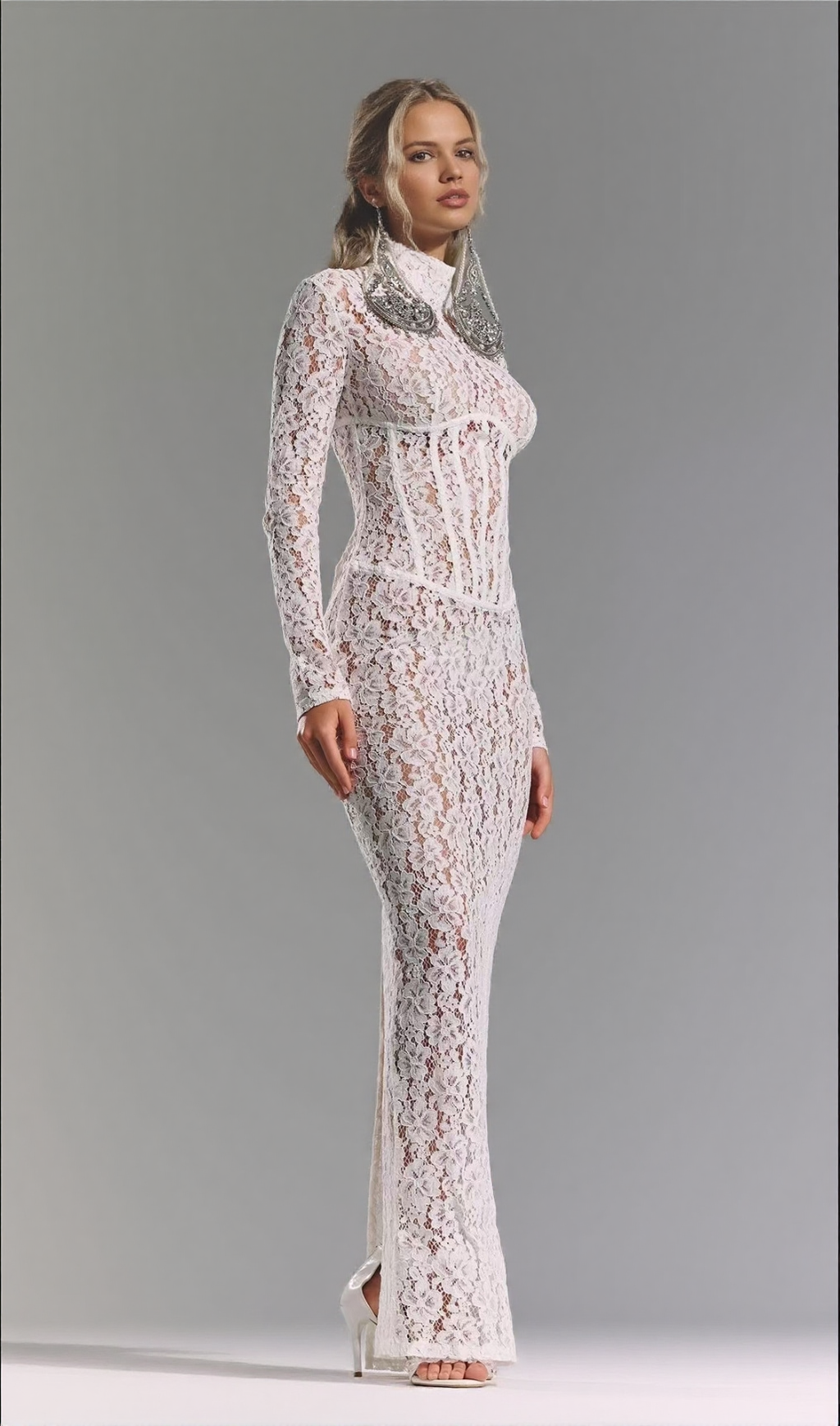 SEDUCTIVE WHITE LACE MOCK NECK MAXI DRESS