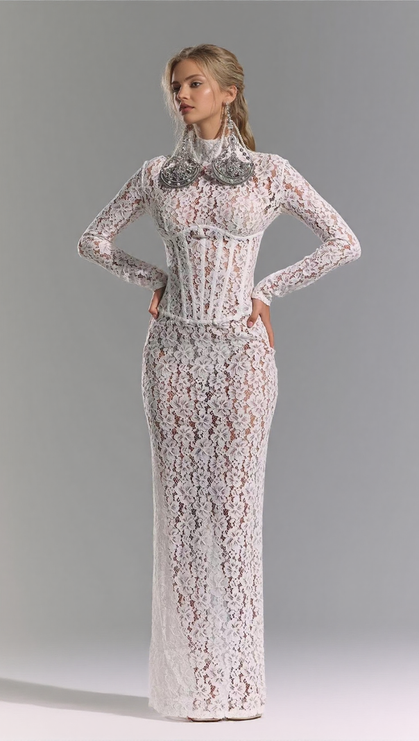 AIIZIE SEDUCTIVE WHITE LACE MOCK NECK MAXI DRESS - product image