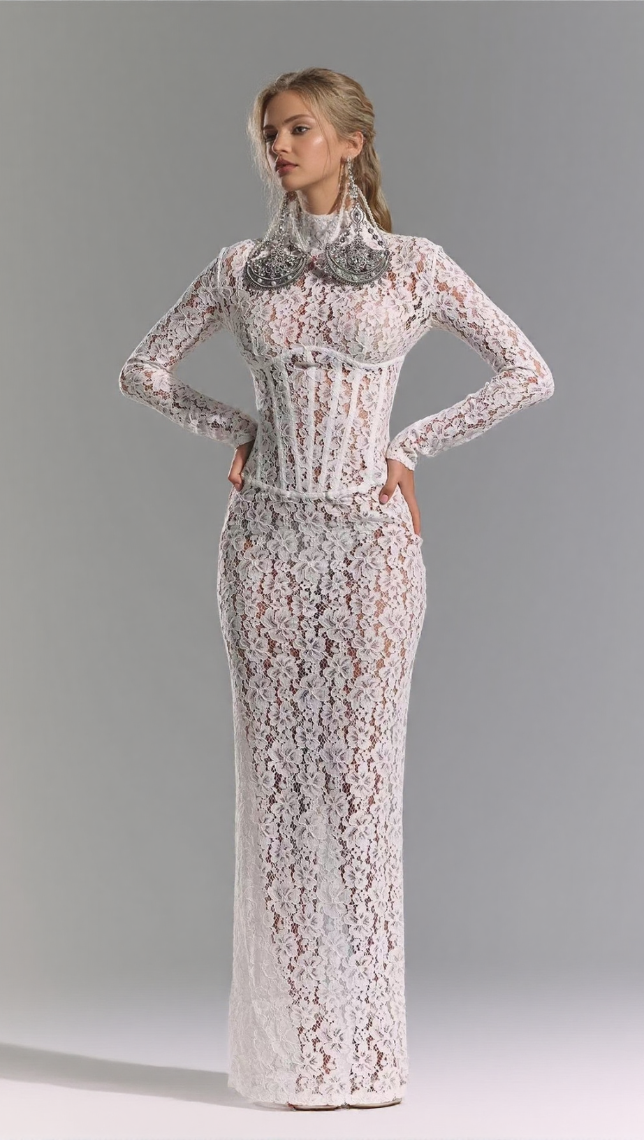 SEDUCTIVE WHITE LACE MOCK NECK MAXI DRESS
