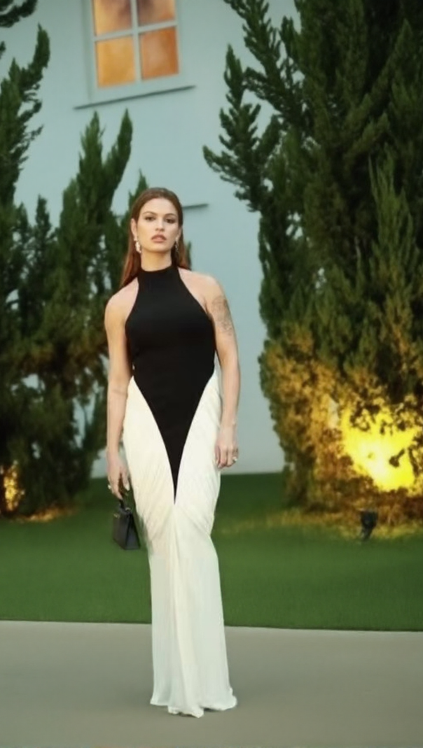 AIIZIE HIGH-CONTRAST HALTER MAXI GOWN WITH SCULPTURAL RUCHING - product image